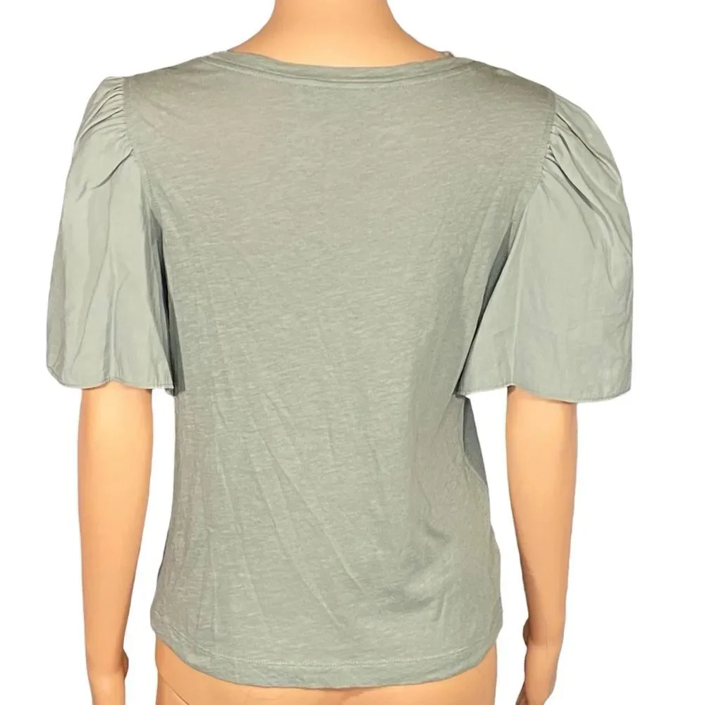 LOFT Sage Green Puff Sleeve Crewneck Blouse SZ Small Casual Lightweight Summer